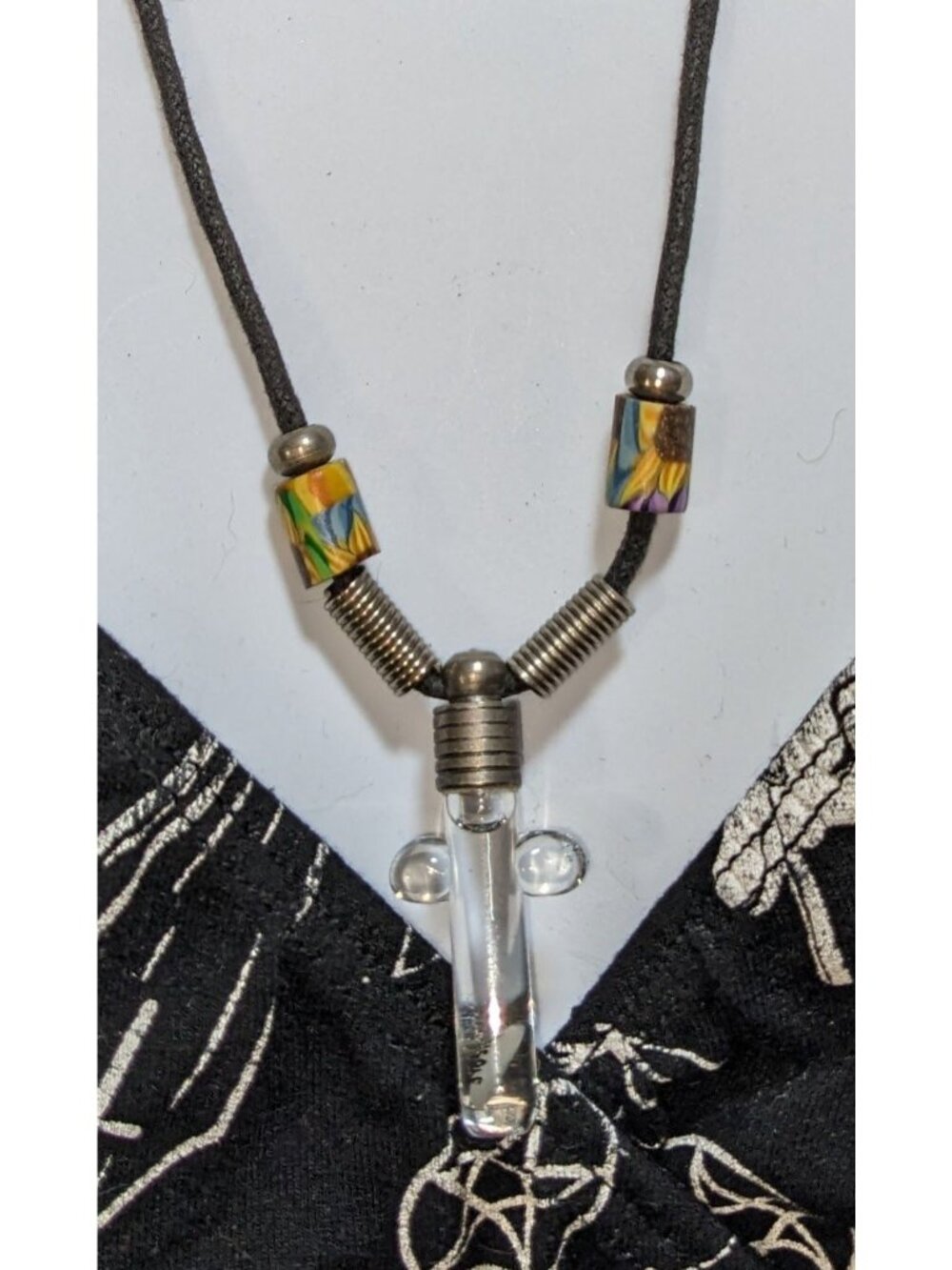Cross Vial Pendant Necklace Adjustable Cord Rice Name Art "Nicole" Boho Witchy J